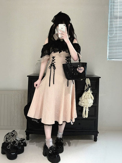 Off-Shoulder Jacquard Dress with Bow Accents, Peter Pan Collar, 4 Colorways - Kitty Bxllet