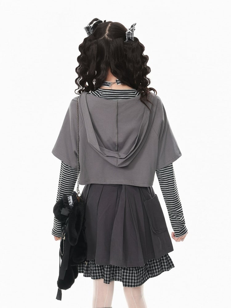 Gray V-Neck Short Sleeve Cropped Hooded Shirt with Letter Embroidery - Languid Park