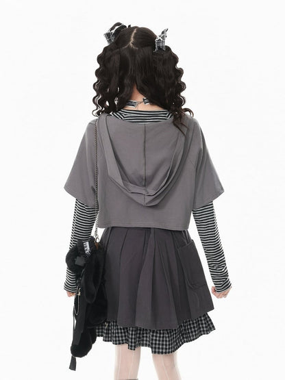 Gray V-Neck Short Sleeve Cropped Hooded Shirt with Letter Embroidery - Languid Park