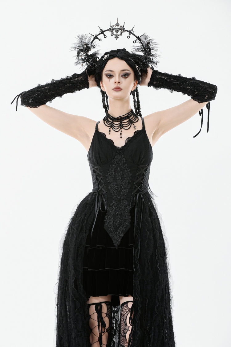 Black Floral Embroidered Lace Slip Dress Gothic Sleeveless