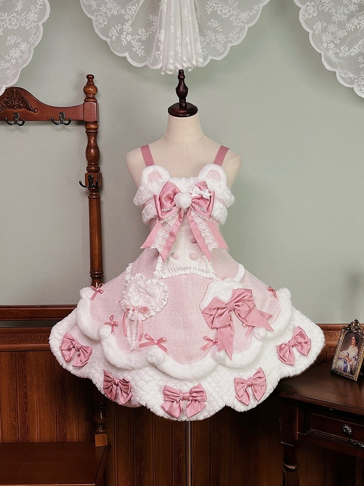 White Bow Applique Sweetheart Plush Pink Details Lolita Dress with and Sweet Accents