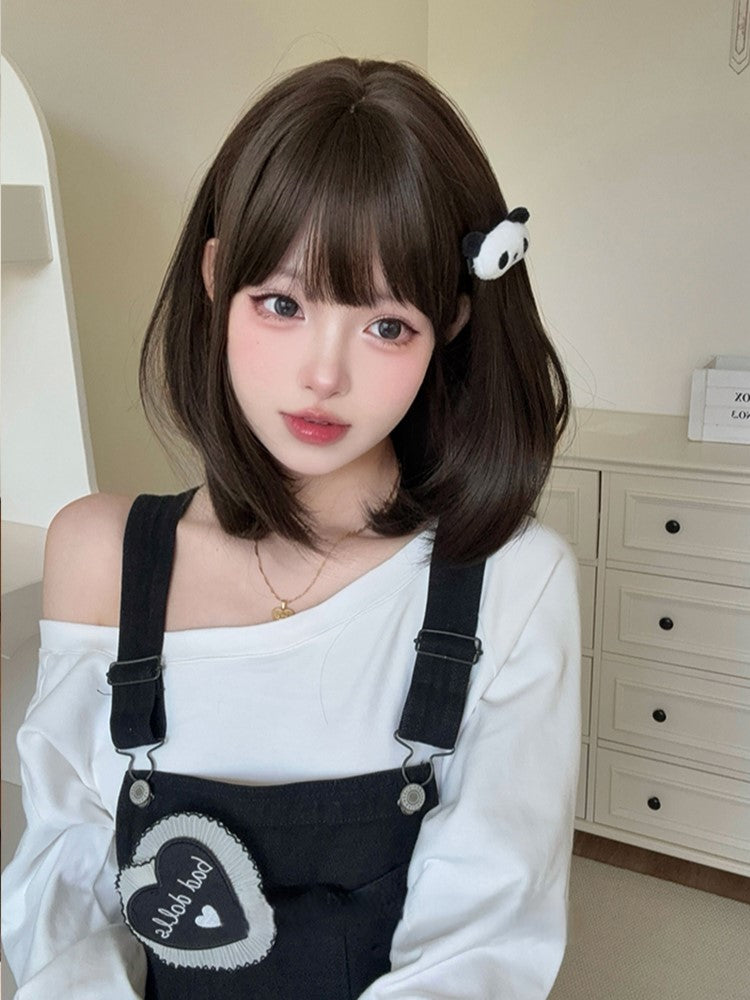 Length With Air Bangs Wig Synthetic Dark Brown 40CM