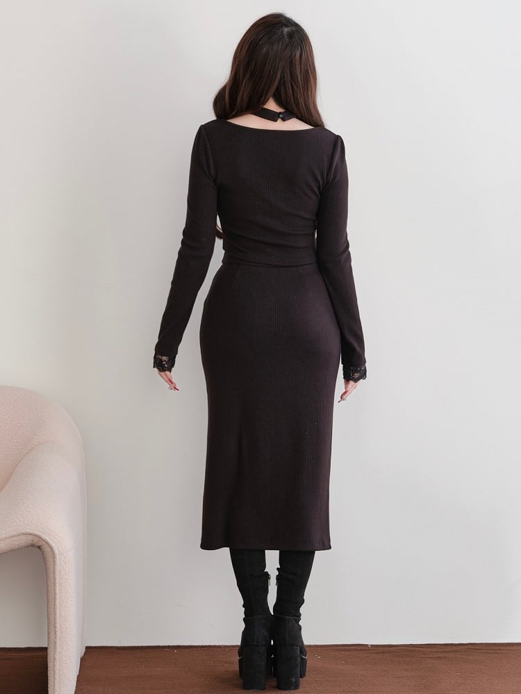 Slit - Lace Jirai Accent Bow Set Square Skirt Black Two-Piece Neck Choker Top Kei Design +