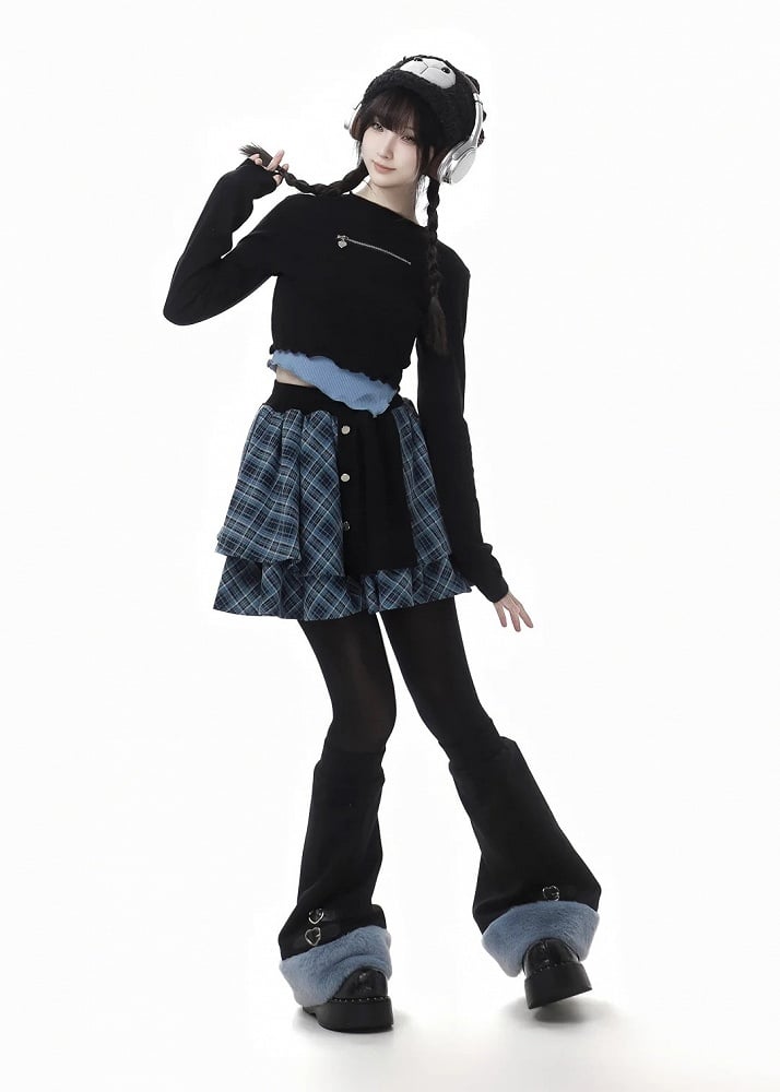 Blue and Black Layered-Look Round-Neck Top