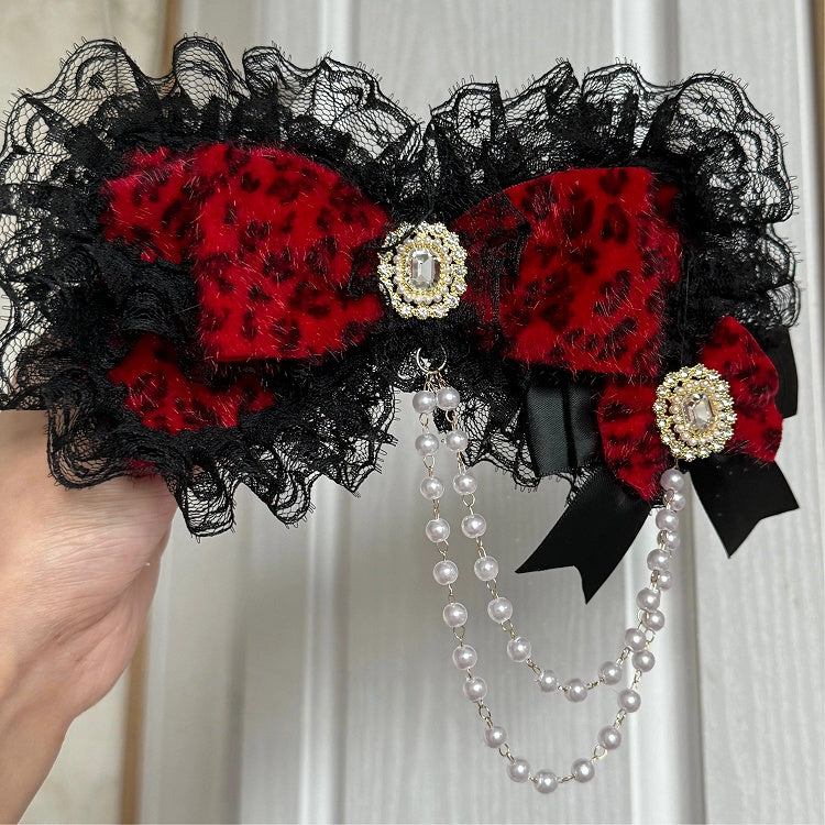Trim Bow Chains Lace Gyaru with Black Leopard Pearl and Hairclip - Red Fashion Hime