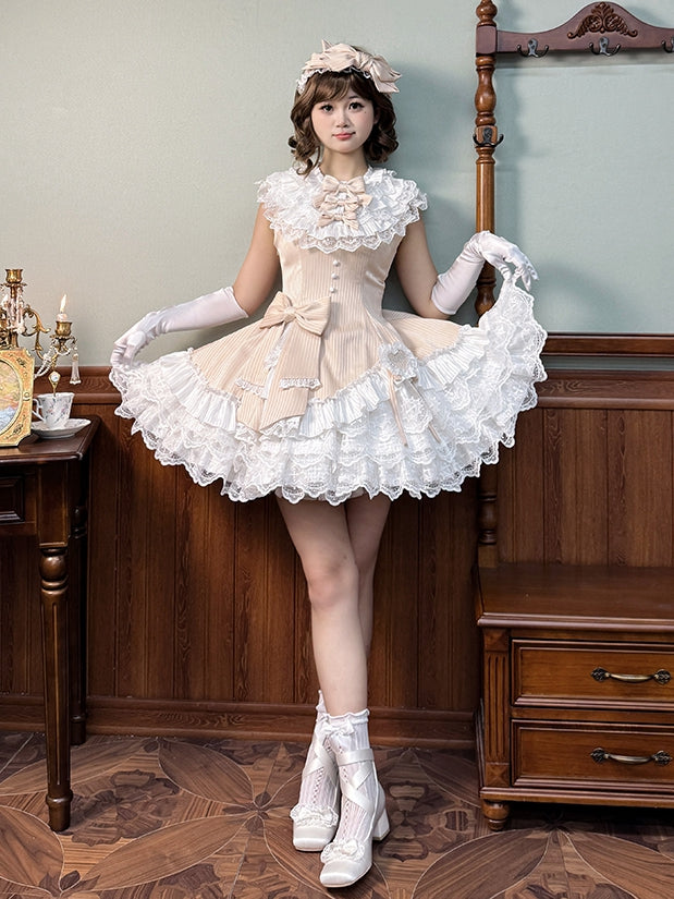 Lolita Fabric Champagne Layered Neck Ruffle Striped Dress Fit Slim Sweet Waist Sleeveless