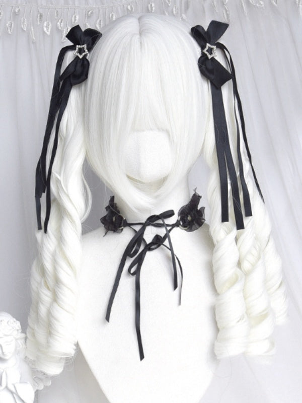 Cremeweiße Perücke im kurzen Bobschnitt mit Pony+Doppelte Pferdeschwanzklammern