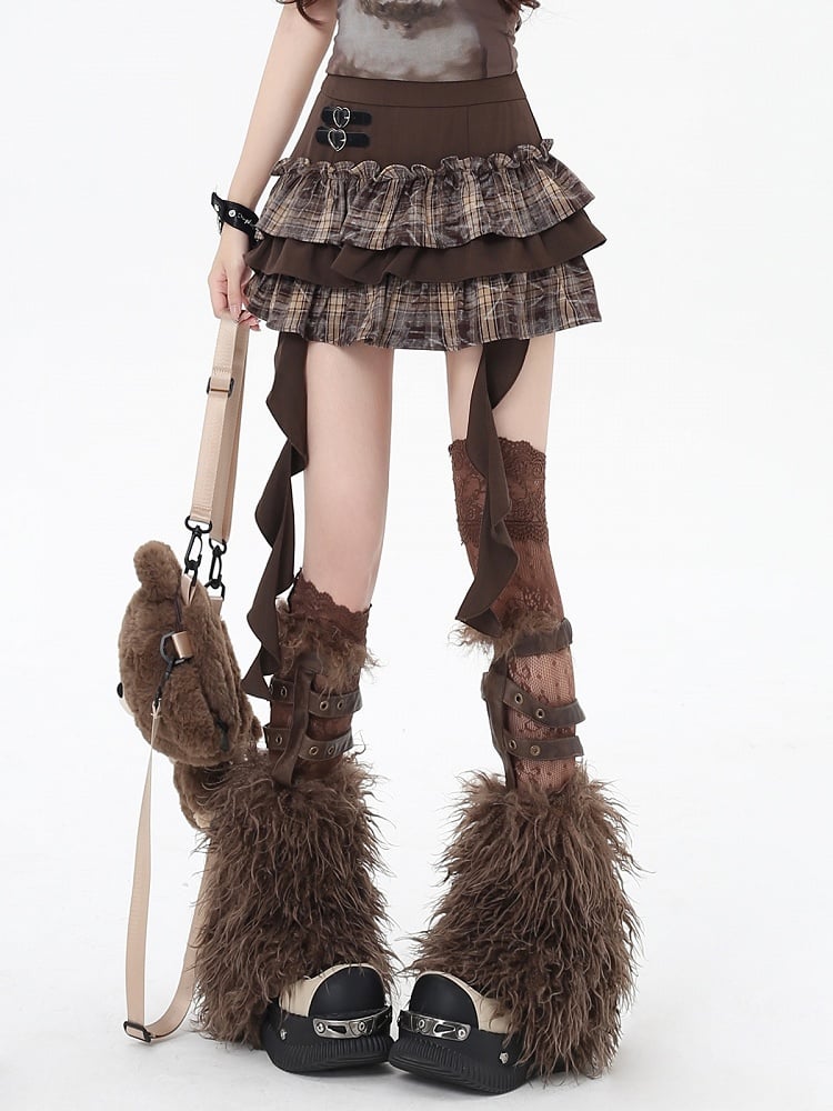 Cascading with Heart Skirt Ruffles Tiered Spicy Coffee Plaid Mini Sweet Buckles