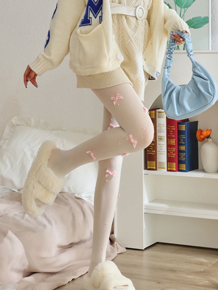 Pearl Tights Bow with Accents Pink Pink) (Color: