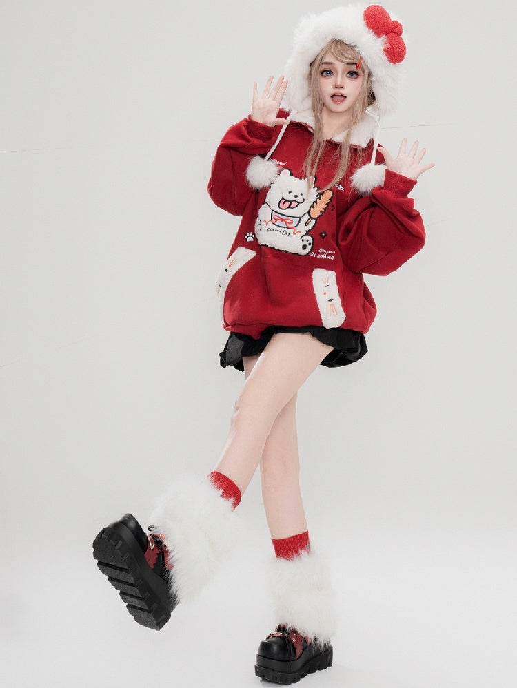 Red/Blue/Yellow Cute Plush Puppy Applique Polo Collar Sweatshirt