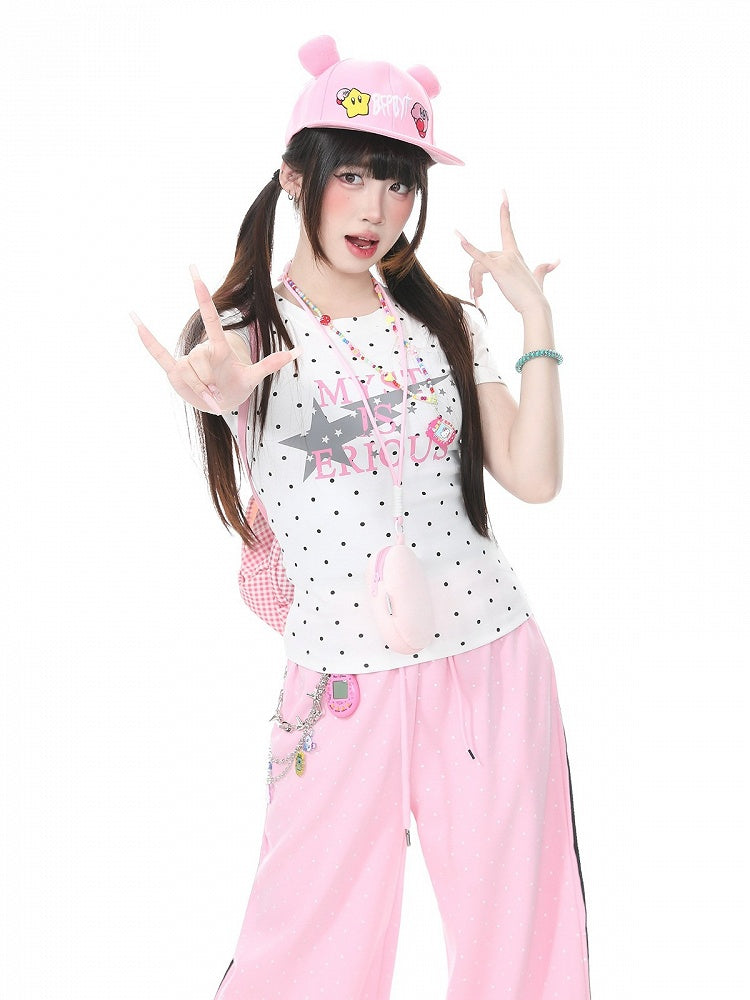 White Fitted Tee with Polka Dot & Letter Design - Languid Park