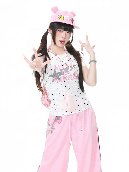White Fitted Tee with Polka Dot & Letter Design - Languid Park