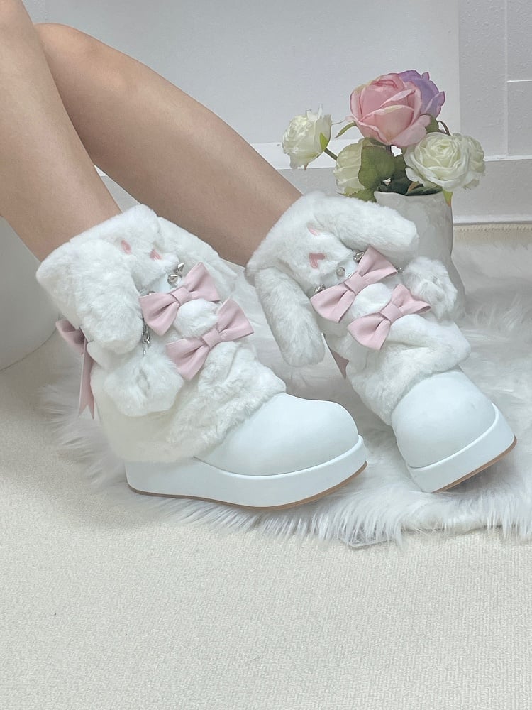Sweet and Bunny - Regular/Fleece-Lined Studs Winter Bows Ear Boots Platform Version with White