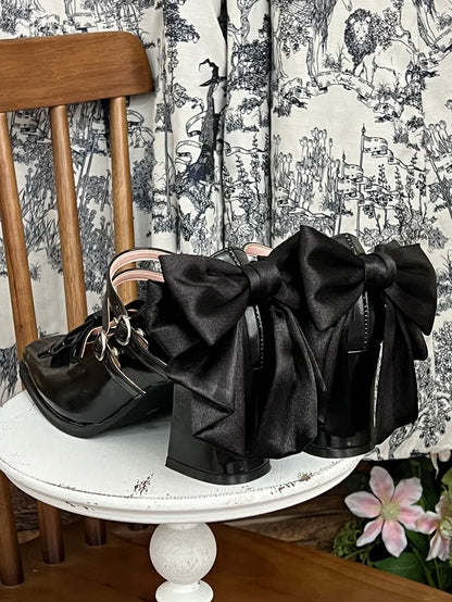 Elegant Dual Bow Square - Heels PU Toe High Black Accents Block Lolita Buckles