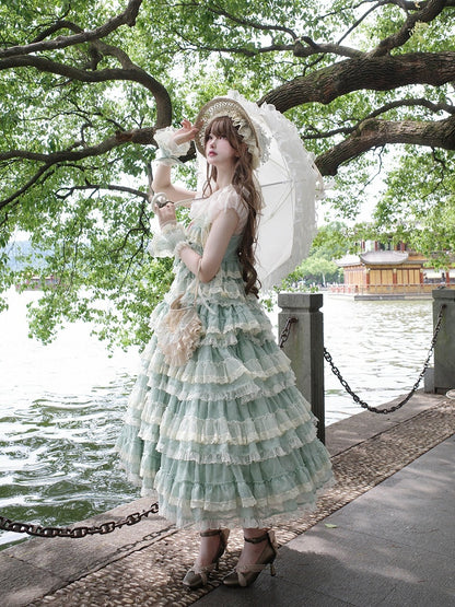 and Goldfish Adjustable Straps Dress with Lolita Ruffle Green Multi-Layered Sweet Embroidery