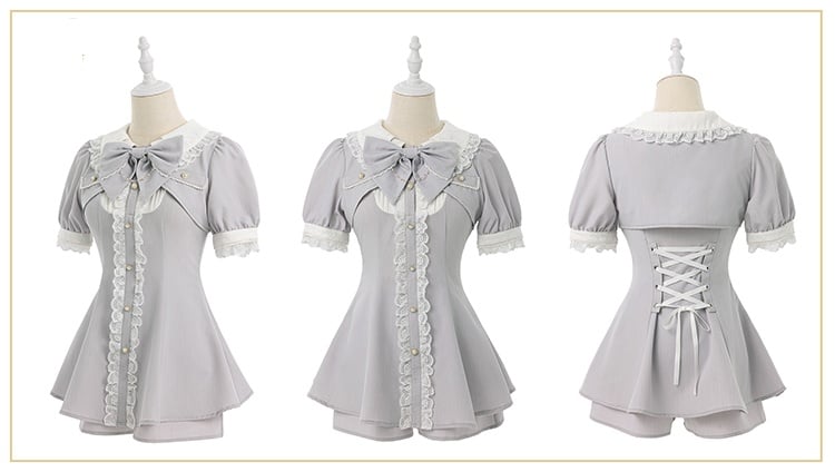 Sleeve Two-Piece Brooch Gray Kei Coord Shorts Top Bow Faux Jirai Short Set: with