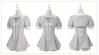 Sleeve Two-Piece Brooch Gray Kei Coord Shorts Top Bow Faux Jirai Short Set: with
