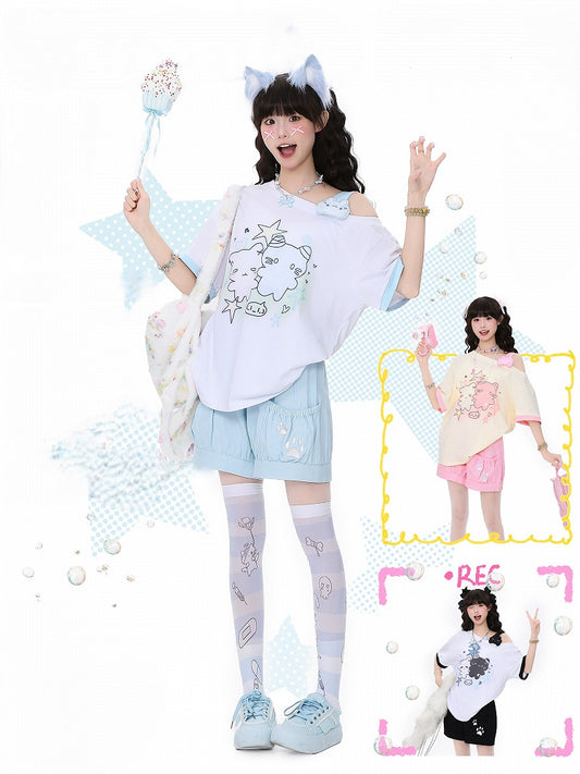 Embroidered Dog Paw Shorts Blue/Pink/Black