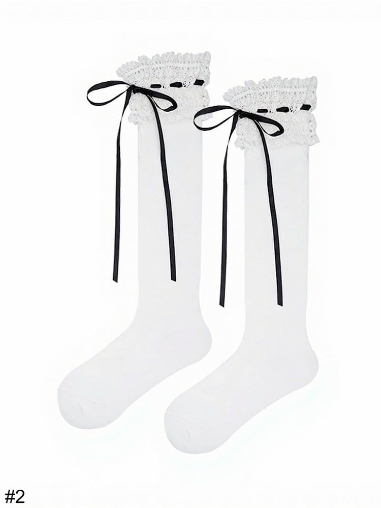 Four-Option Bow Calf Socks with Lace Trim - ModaSwings