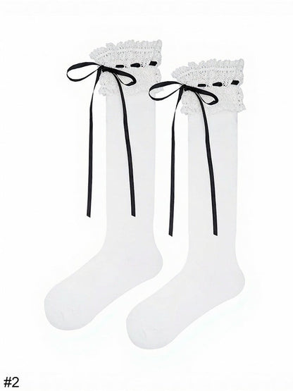Four-Option Bow Calf Socks with Lace Trim - ModaSwings