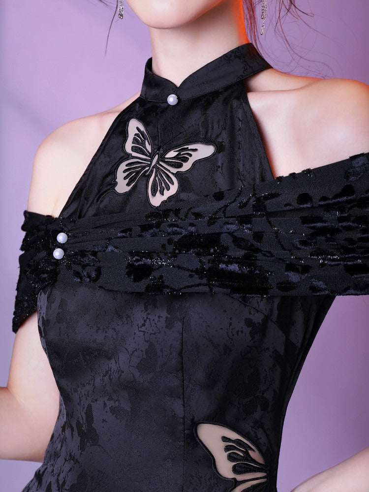 Classic Cheongsam Fish Tail Long Dress with Butterfly Cutout & Jacquard - sijinstudio
