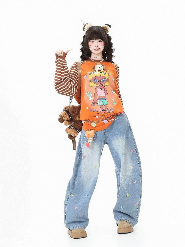 Cartoon Top Sleeve Striped Girl White/Orange