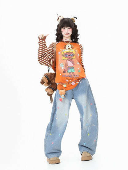 Cartoon Top Sleeve Striped Girl White/Orange