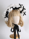 Maid Details Lolita Motorhaube Design Floral Schwarz-Weiß Trim Bowknot Spitze