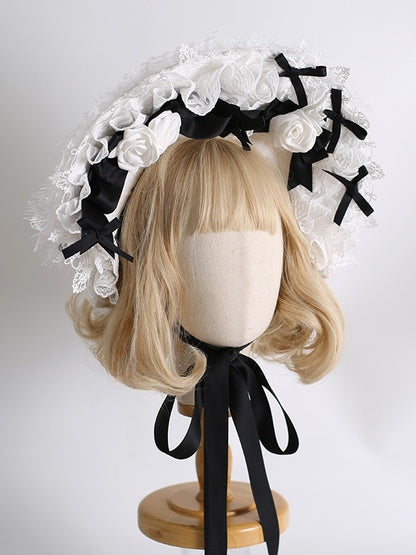 メイドディテール ロリータボンネットデザイン 花柄 ブラックホワイトトリム 蝶結び レース