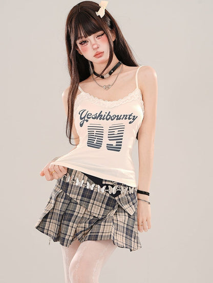 Blue/Apricot Numbers Print Lace Trim Cami Top