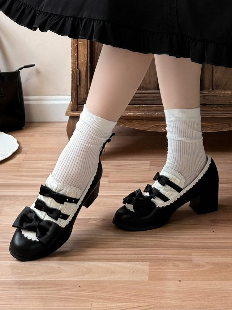 Bow Mid-heel Elegant Shoes Slip-on Lolita Scalloped Hem Accents White Black