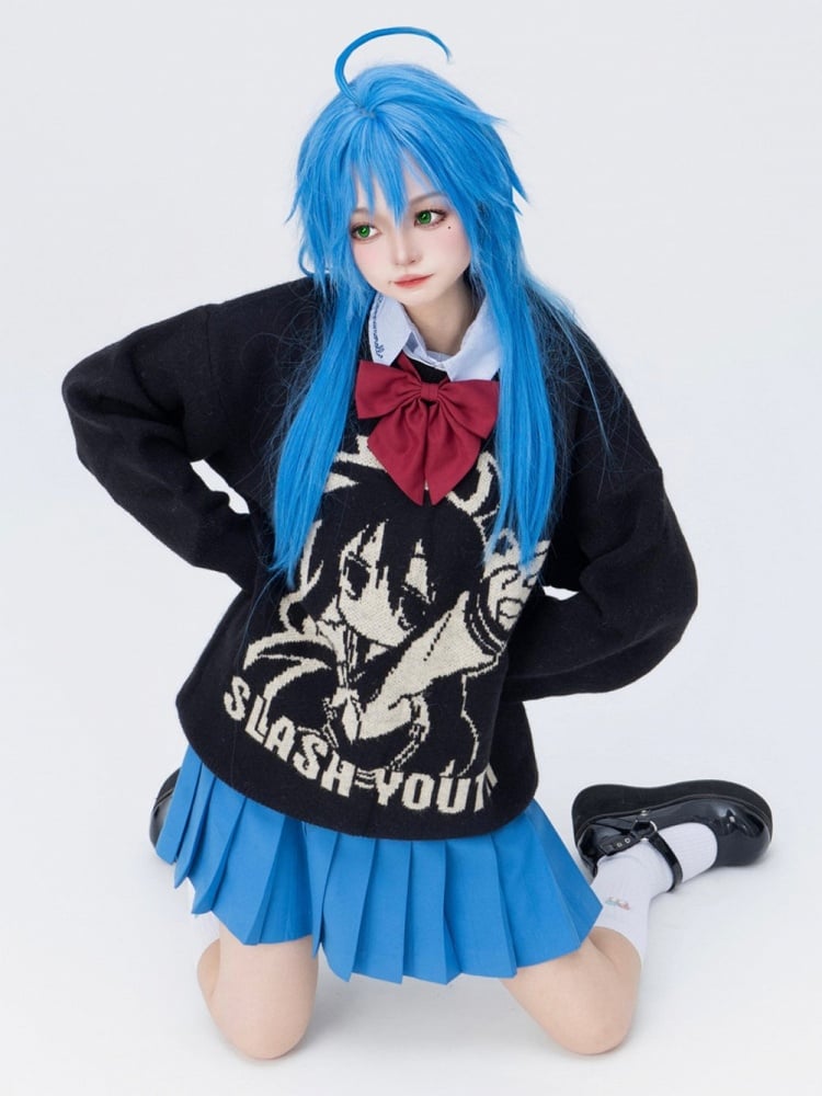 Cartoon Mädchen Strickpullover mit Print und Buchstaben in Schwarz