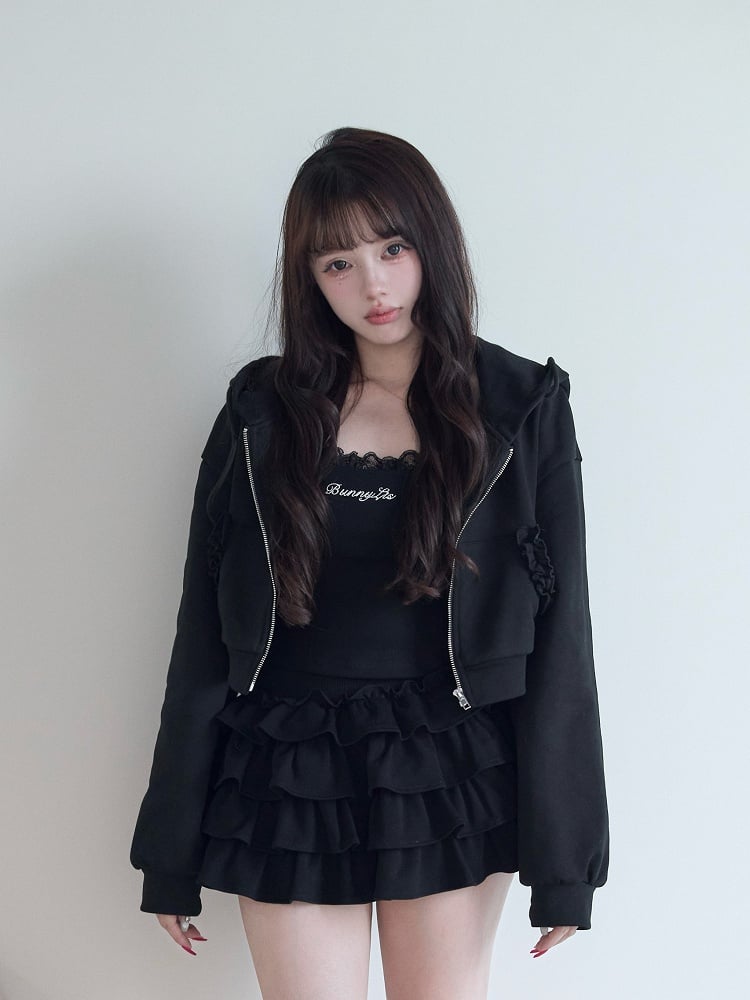 Set Camisole Lace Kei Letter + Jirai Pattern Hoodie Zip Black