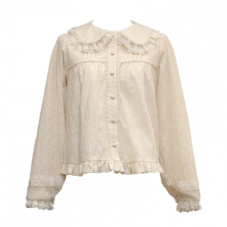 ベージュのラウンドフラットカラー長袖コットンブラウス