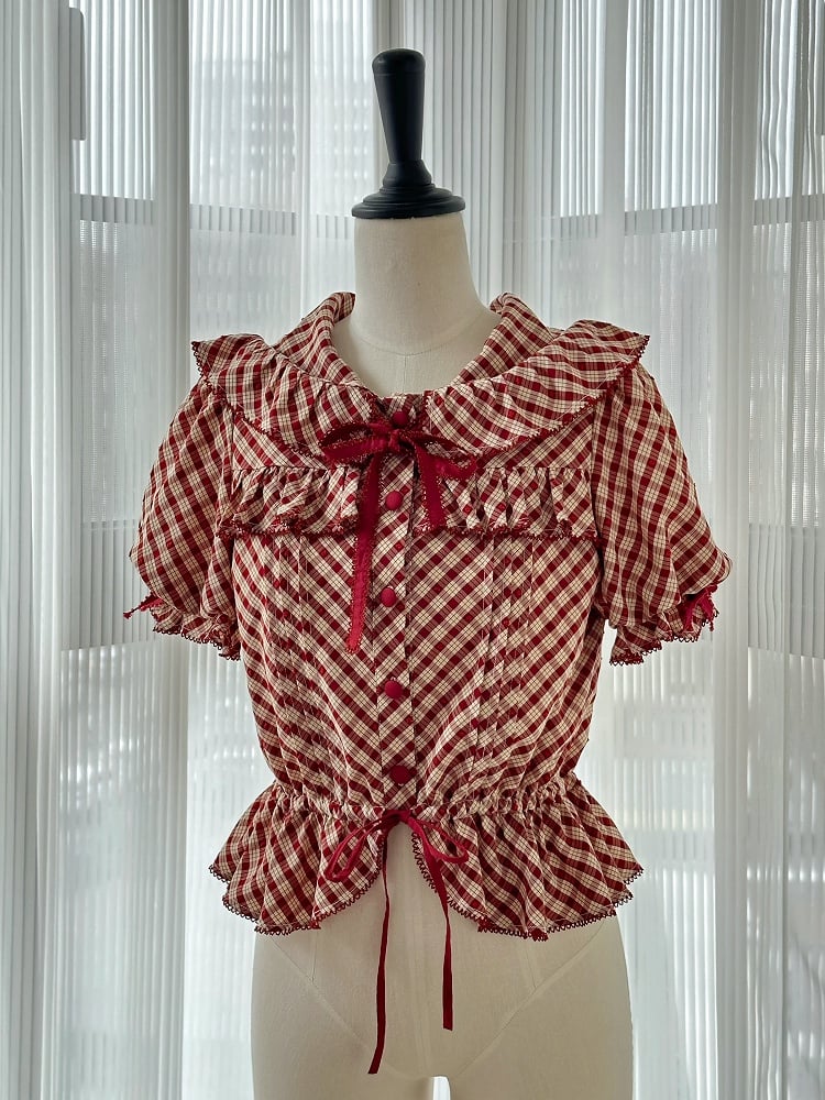 Blouse Red Hooded Pattern Short Lolita Sleeves Plaid