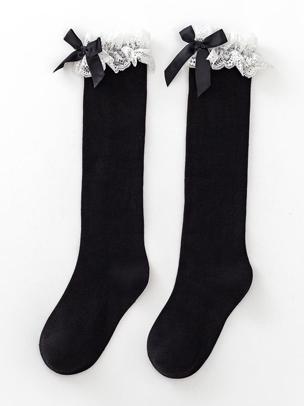 Bowknot Details Lace Black/White Stockings Lolita Underknee/Overknee
