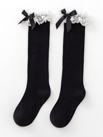 Bowknot Details Lace Black/White Stockings Lolita Underknee/Overknee