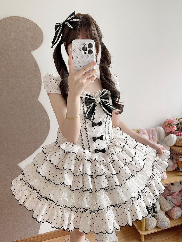 Sweet Lolita Polka Dot Dress with Versatile OP/JSK Design and Tiered Hem White