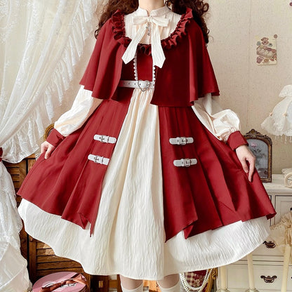 Lolita Dress Design Collar Sleeves Long and Cape Beige Red Banded