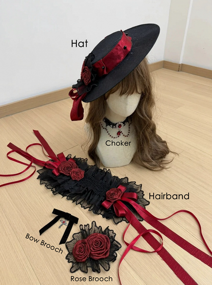 Rose Accessory Set: Hat, Hairband, Choker, Brooch, Multiple Colors - Sheer Ocean
