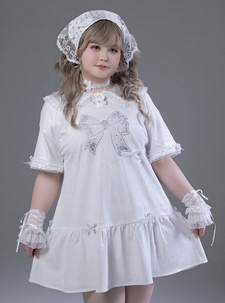 Peter Pan Collar Short Sleeve T-Shirt Dress with Print & Bows - Fluffy Heart