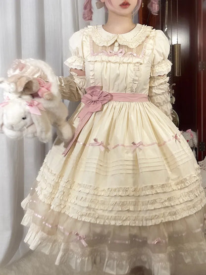 Lolita Pink Beige Peter Kleid Baumwolle Schleife und Kragen Akzente Pan