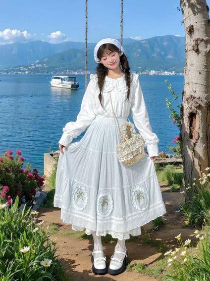 Skirt Light Blue Lily-of-the-Valley Embroidered Lace Trim Cutton