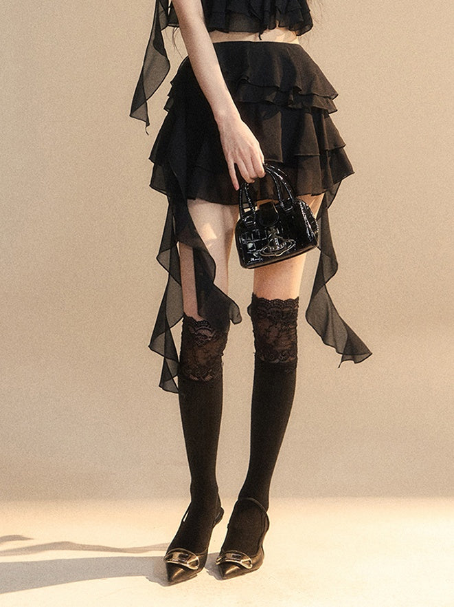 Tiered Skirt Asymmetrical Ruffled Hem Slim-fitting Mini Black Chiffon