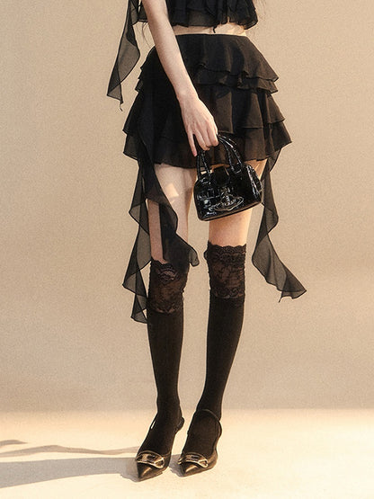 Tiered Skirt Asymmetrical Ruffled Hem Slim-fitting Mini Black Chiffon