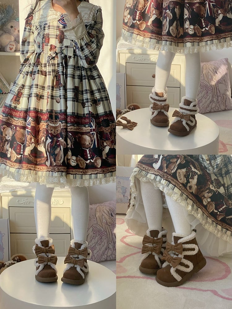 Brown Boots Loop Sweet Lolita Detachable Sole Fastener Platform Accents - and Dark 3cm Hook Bow