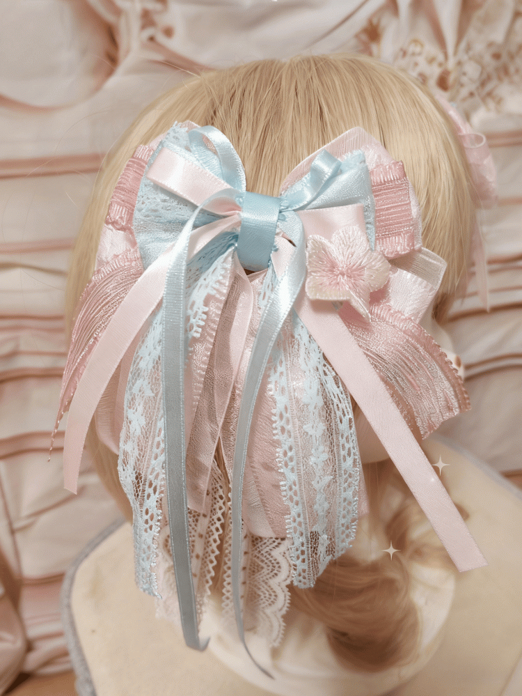 Lolita Flower Pink Blue Embroidered Hairclip Bowknot