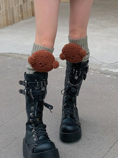 ホワイト/カーキ/ライトグレー/コーヒーのニットレッグウォーマー（子犬のぬいぐるみ付き）