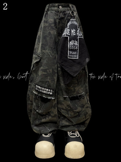 Wide-Leg Cargo Army Green Pattern Pants Camo