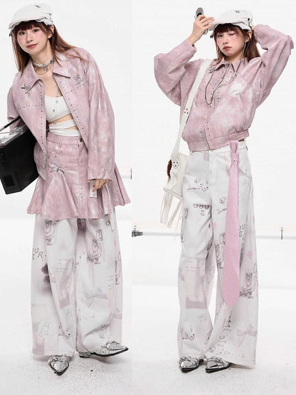 and Hand-Drawn Print Bow Doodles with Wide-leg Jeans White